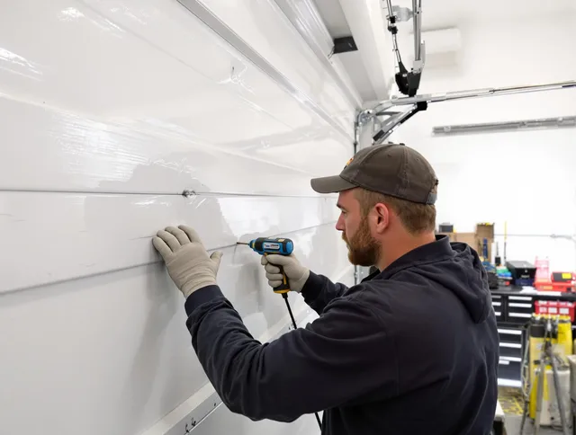 North Tustin Garage Door Repair technician demonstrating precision dent removal techniques on a North Tustin garage door